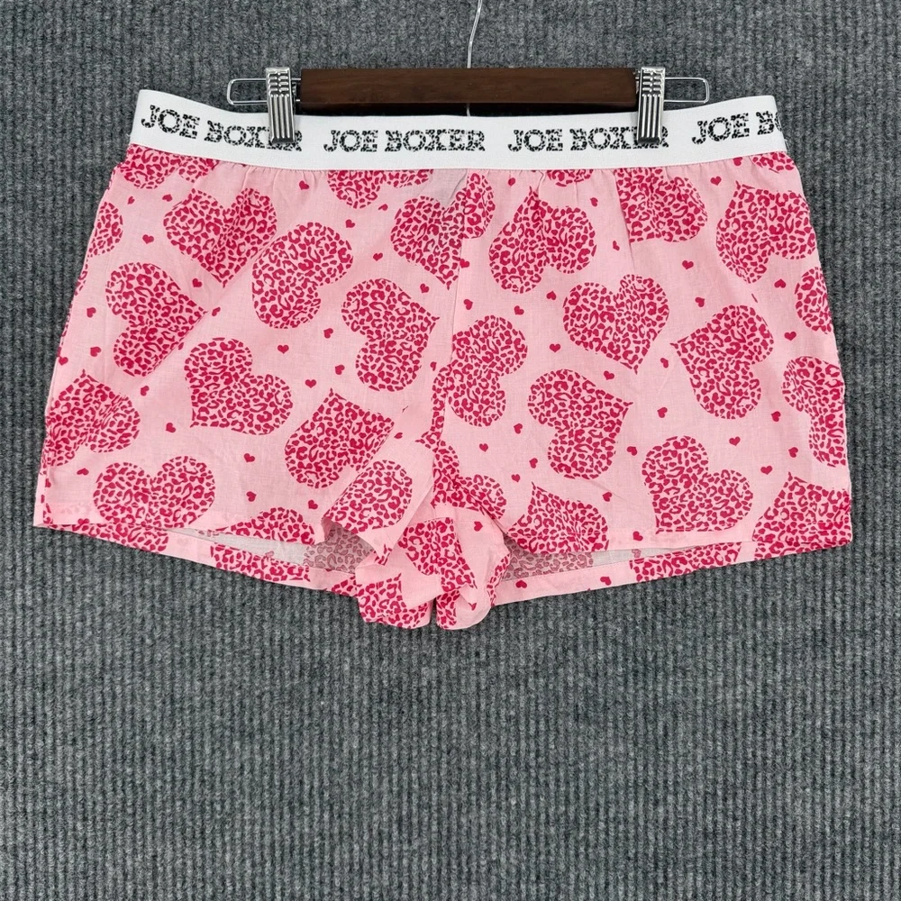 Joe Boxer Y2K Pink Sleepover Pajama Set XL Heart Shorts Lettuce Trim Ribbed Tee‎
